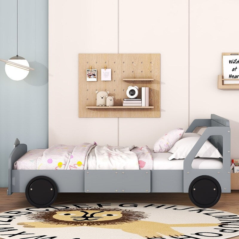 Full Size Car-Shaped Platform Bed with Wheels, Plywood Kids Platform Bed Frame for Bedroom, Grey