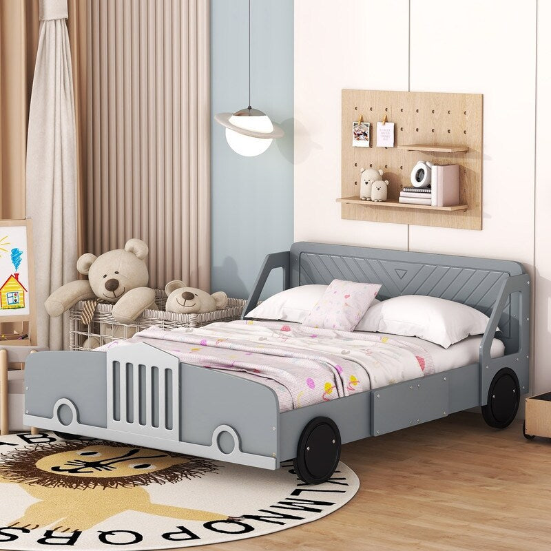 Full Size Car-Shaped Platform Bed with Wheels, Plywood Kids Platform Bed Frame for Bedroom, Grey