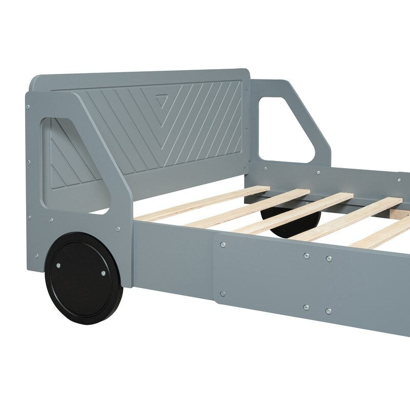 Full Size Car-Shaped Platform Bed with Wheels, Plywood Kids Platform Bed Frame for Bedroom, Grey