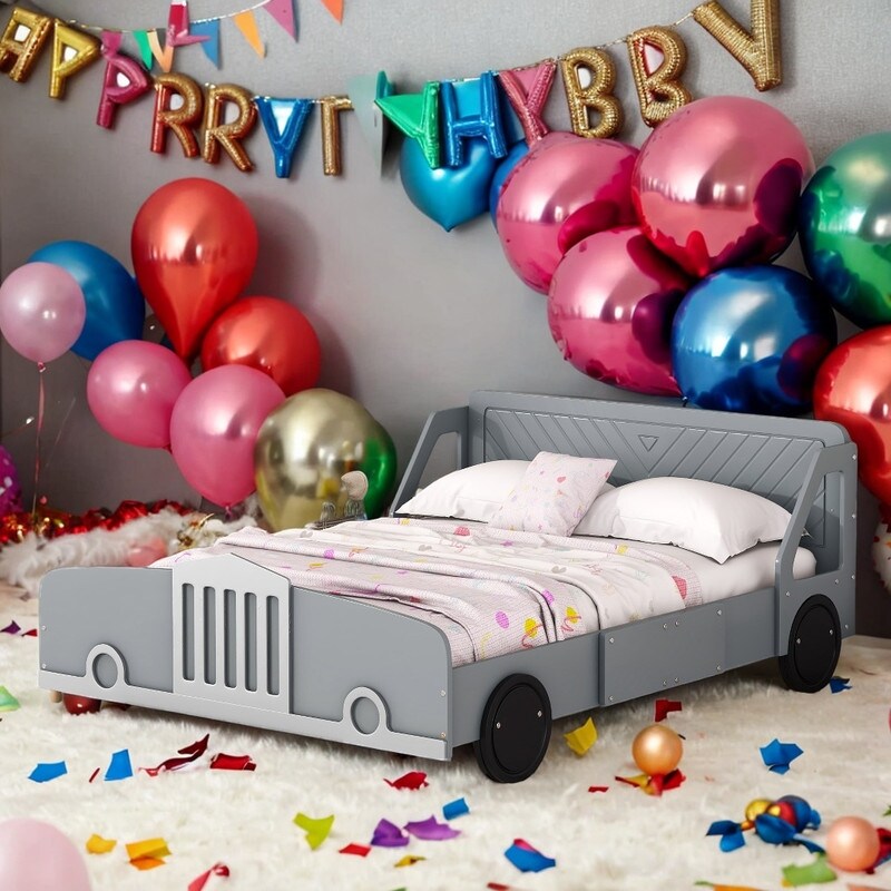 Full Size Car-Shaped Platform Bed with Wheels, Plywood Kids Platform Bed Frame for Bedroom, Grey