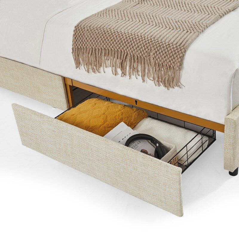Full Size Classic steamed bread shaped backrest, metal frame, solid wood ribs, with four storage drawers