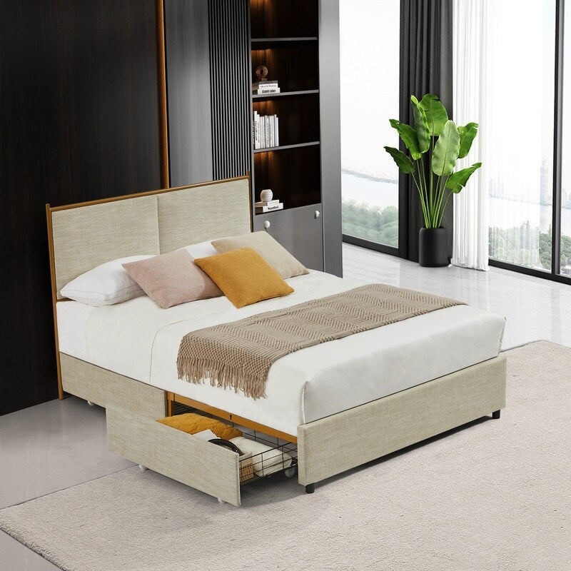 Full Size Classic steamed bread shaped backrest, metal frame, solid wood ribs, with four storage drawers