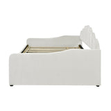 Full Size Daybed Frame with Shall Shaped Backrest, Upholstery Bed with Trundle, Pine Wooden Bed with Arm, White