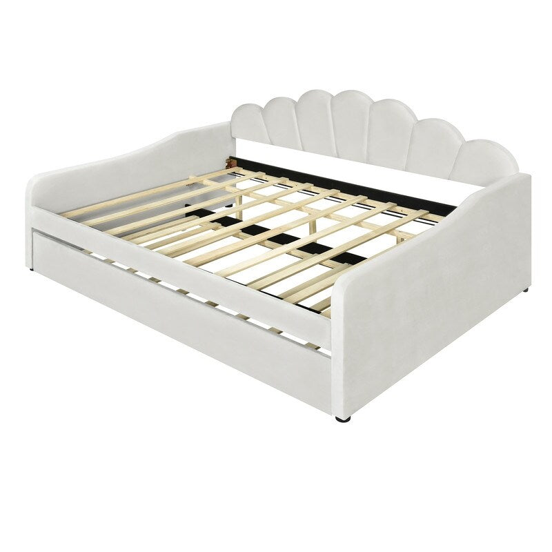 Full Size Daybed Frame with Shall Shaped Backrest, Upholstery Bed with Trundle, Pine Wooden Bed with Arm, White