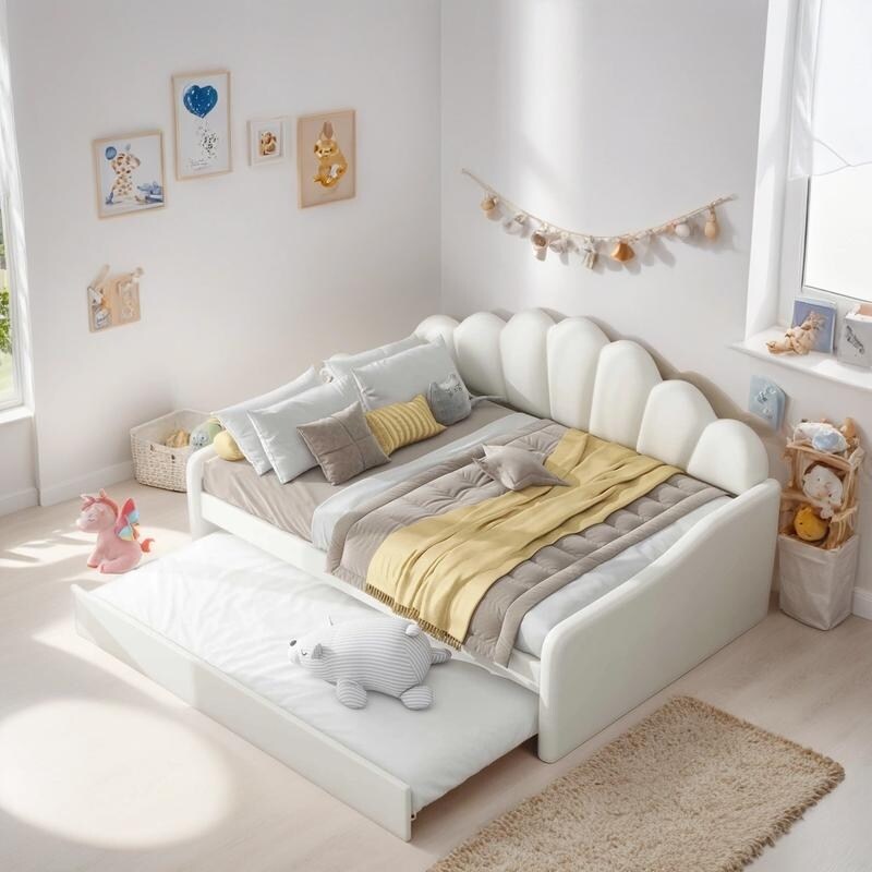 Full Size Daybed Frame with Shall Shaped Backrest, Upholstery Bed with Trundle, Pine Wooden Bed with Arm, White