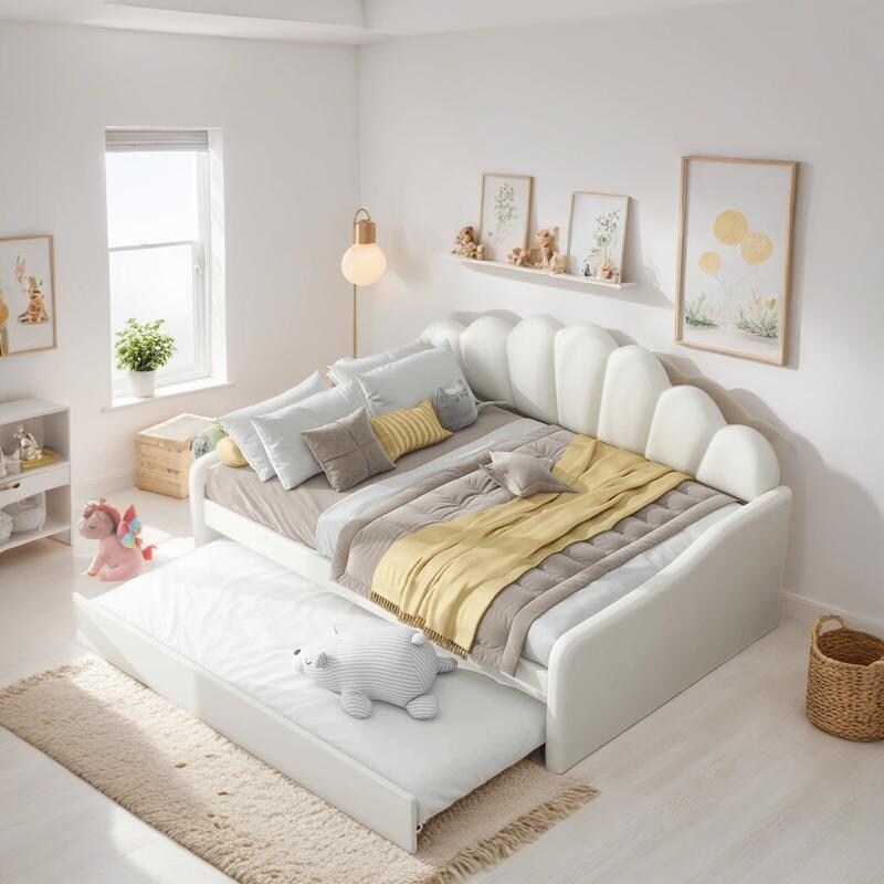 Full Size Daybed Frame with Shall Shaped Backrest, Upholstery Bed with Trundle, Pine Wooden Bed with Arm, White
