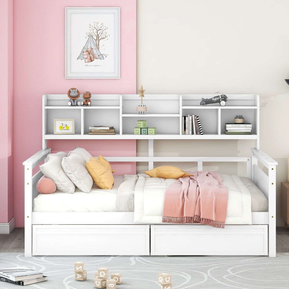 Full Size Daybed with 2 Drawers and Storage Bookshelf Wooden Day Bed Overstock