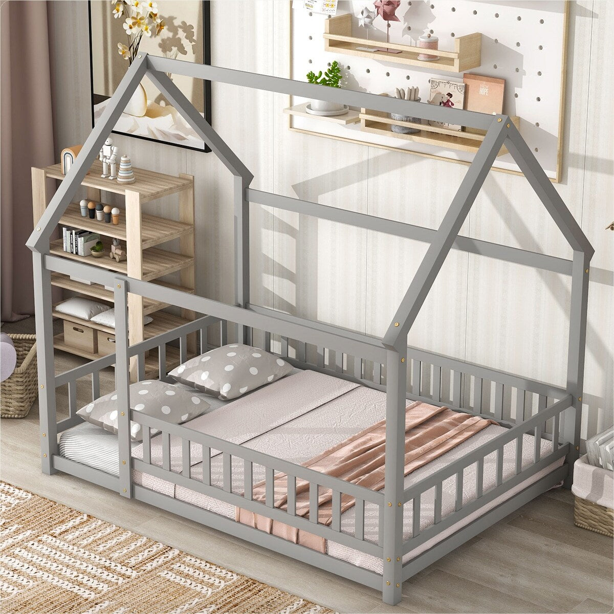 Full Size Floor Wooden Bed with House Roof Frame, Fence Guardrails