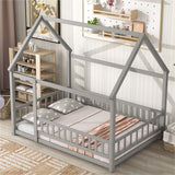 Full Size Floor Wooden Bed with House Roof Frame, Fence Guardrails