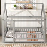 Full Size Floor Wooden Bed with House Roof Frame, Fence Guardrails
