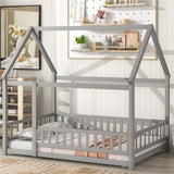 Full Size Floor Wooden Bed with House Roof Frame, Fence Guardrails