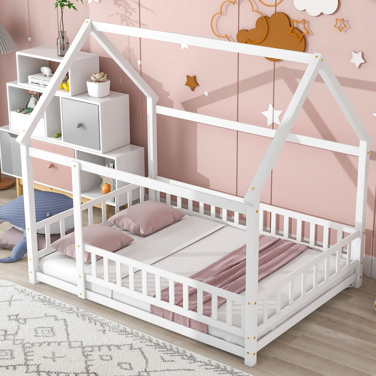 Full Size Floor Wooden Bed with House Roof Frame, Fence Guardrails