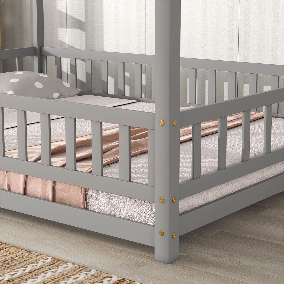 Full Size Floor Wooden Bed with House Roof Frame, Fence Guardrails