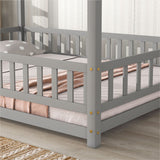 Full Size Floor Wooden Bed with House Roof Frame, Fence Guardrails