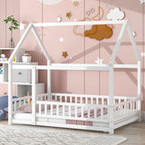 Full Size Floor Wooden Bed with House Roof Frame, Fence Guardrails
