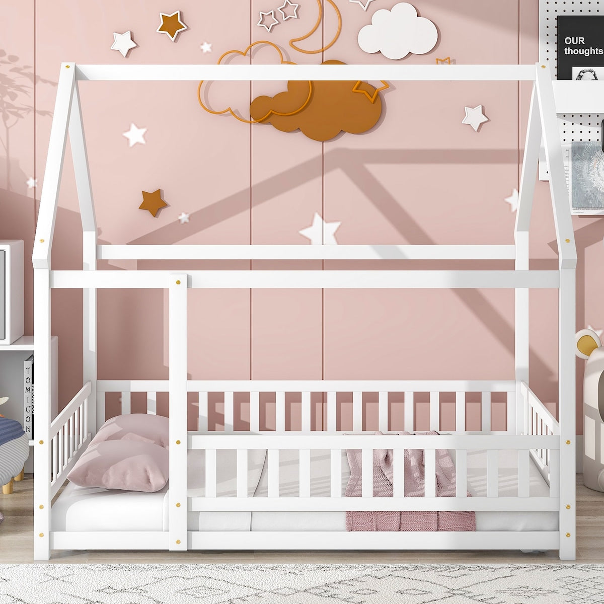 Full Size Floor Wooden Bed with House Roof Frame, Fence Guardrails