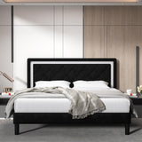 Full Size Frame Platform Bed with Upholstered Headboard and Slat Support,black