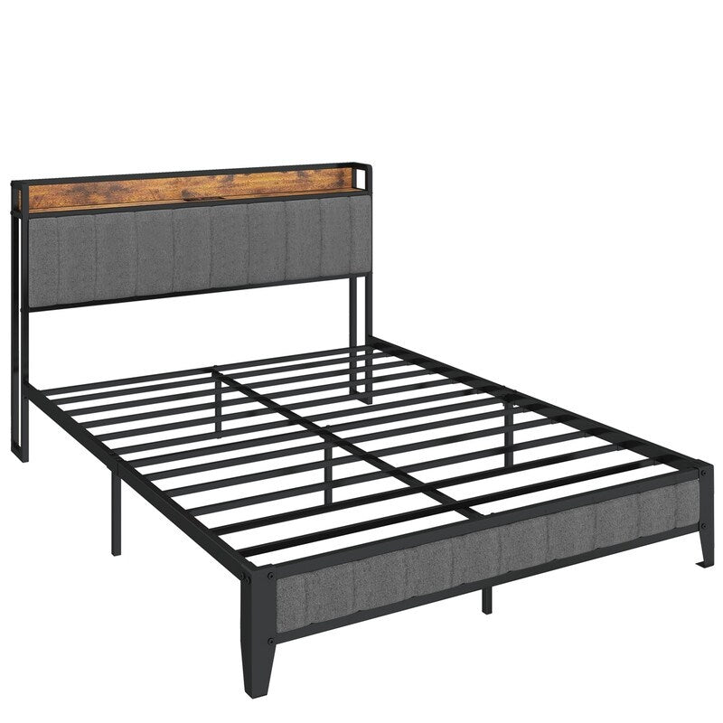 Full Size Heavy-Duty Platform Bed with Charging Station, Upholstered Headboard & Metal Slats