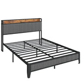 Full Size Heavy-Duty Platform Bed with Charging Station, Upholstered Headboard & Metal Slats