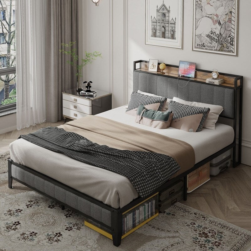 Full Size Heavy-Duty Platform Bed with Charging Station, Upholstered Headboard & Metal Slats