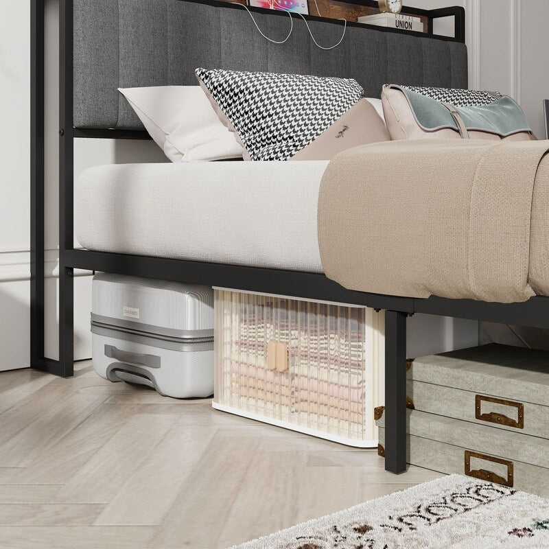 Full Size Heavy-Duty Platform Bed with Charging Station, Upholstered Headboard & Metal Slats