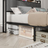 Full Size Heavy-Duty Platform Bed with Charging Station, Upholstered Headboard & Metal Slats