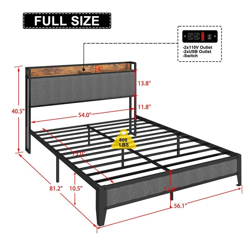Full Size Heavy-Duty Platform Bed with Charging Station, Upholstered Headboard & Metal Slats