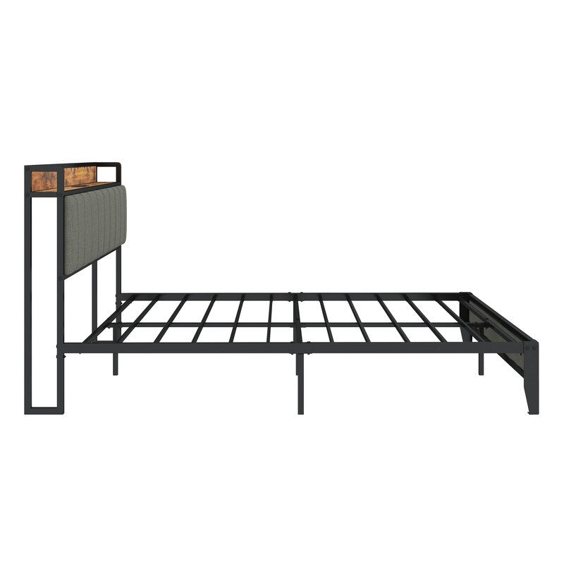 Full Size Heavy-Duty Platform Bed with Charging Station, Upholstered Headboard & Metal Slats