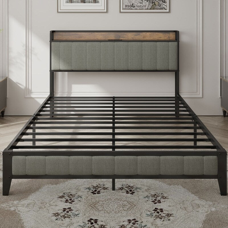 Full Size Heavy-Duty Platform Bed with Charging Station, Upholstered Headboard & Metal Slats