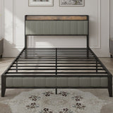 Full Size Heavy-Duty Platform Bed with Charging Station, Upholstered Headboard & Metal Slats