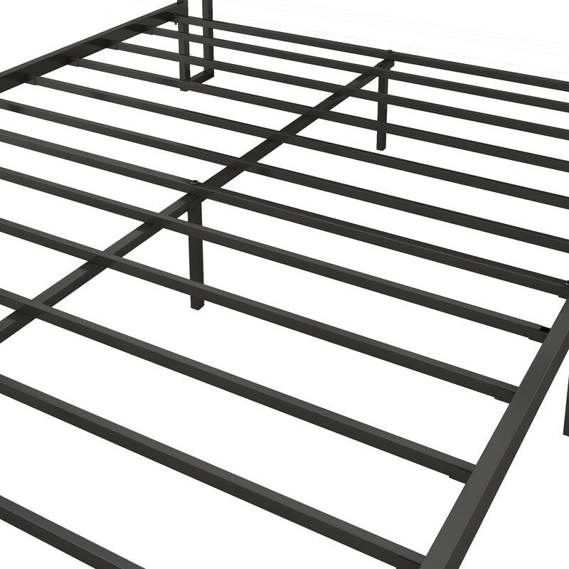 Full Size Heavy-Duty Platform Bed with Charging Station, Upholstered Headboard & Metal Slats