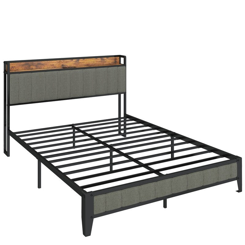 Full Size Heavy-Duty Platform Bed with Charging Station, Upholstered Headboard & Metal Slats