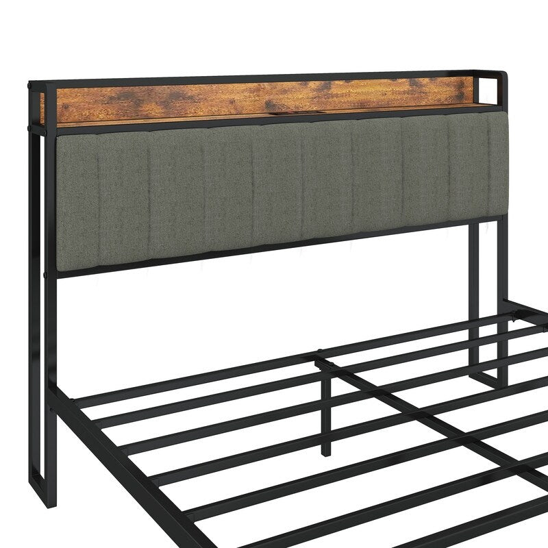 Full Size Heavy-Duty Platform Bed with Charging Station, Upholstered Headboard & Metal Slats