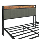 Full Size Heavy-Duty Platform Bed with Charging Station, Upholstered Headboard & Metal Slats