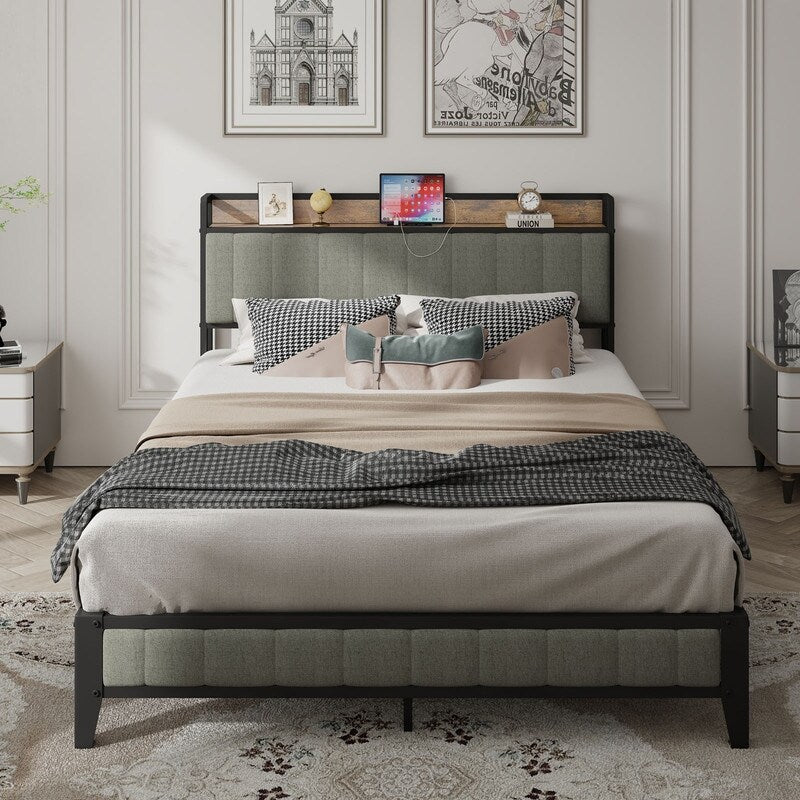Full Size Heavy-Duty Platform Bed with Charging Station, Upholstered Headboard & Metal Slats