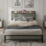 Full Size Heavy-Duty Platform Bed with Charging Station, Upholstered Headboard & Metal Slats