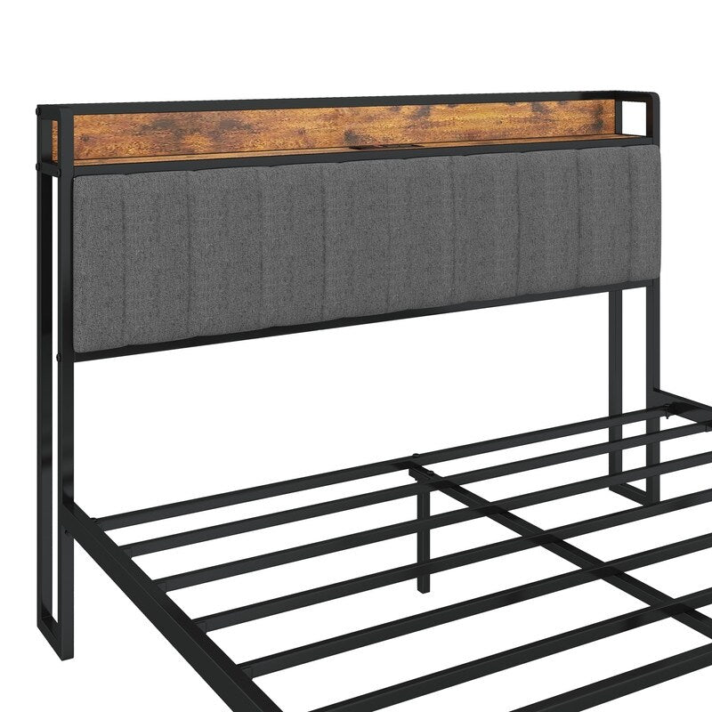 Full Size Heavy-Duty Platform Bed with Charging Station, Upholstered Headboard & Metal Slats