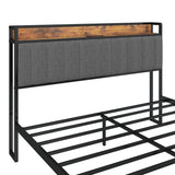 Full Size Heavy-Duty Platform Bed with Charging Station, Upholstered Headboard & Metal Slats