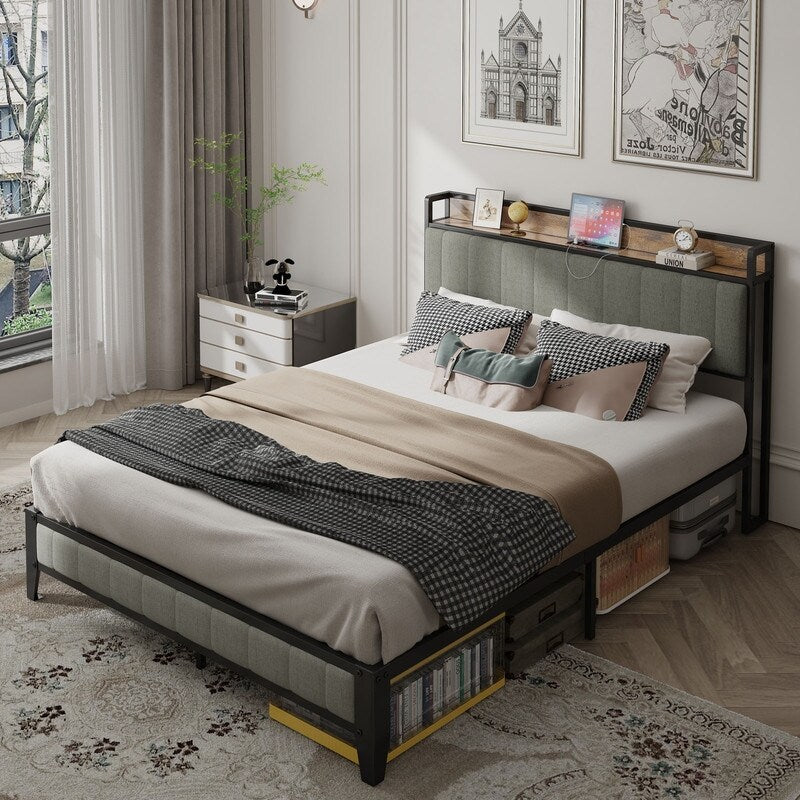 Full Size Heavy-Duty Platform Bed with Charging Station, Upholstered Headboard & Metal Slats