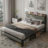 Full Size Heavy-Duty Platform Bed with Charging Station, Upholstered Headboard & Metal Slats
