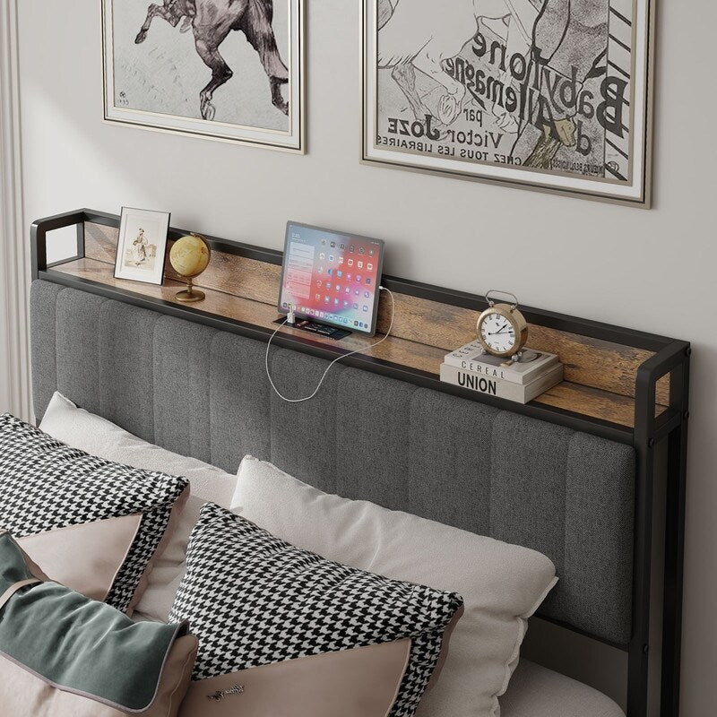 Full Size Heavy-Duty Platform Bed with Charging Station, Upholstered Headboard & Metal Slats
