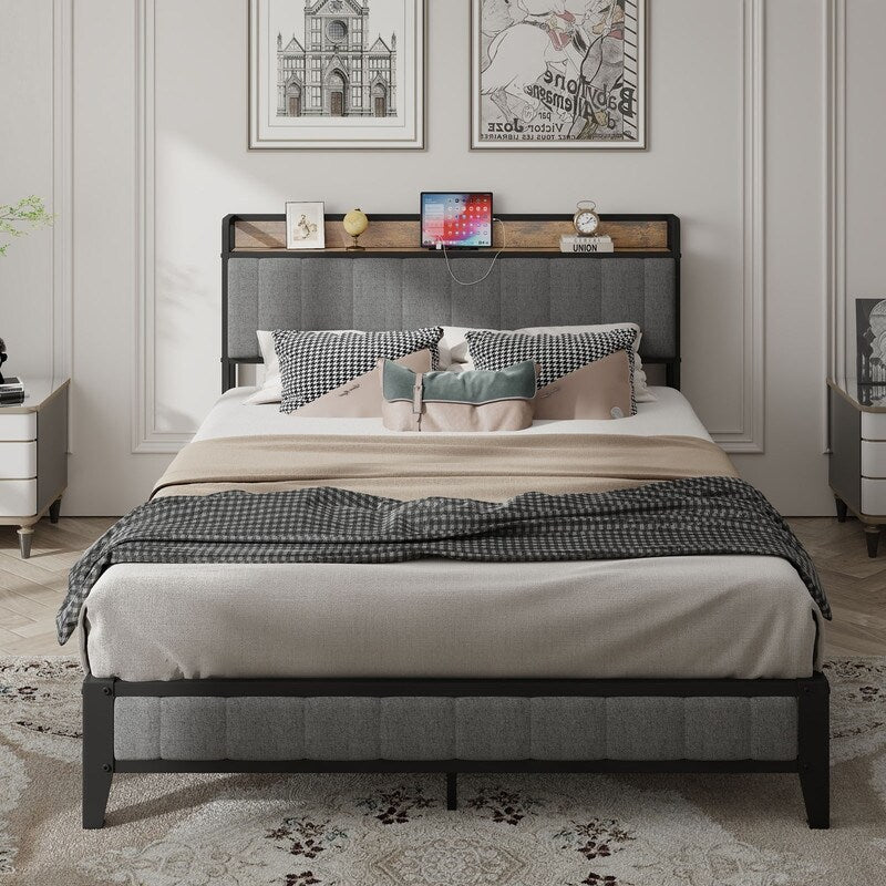 Full Size Heavy-Duty Platform Bed with Charging Station, Upholstered Headboard & Metal Slats