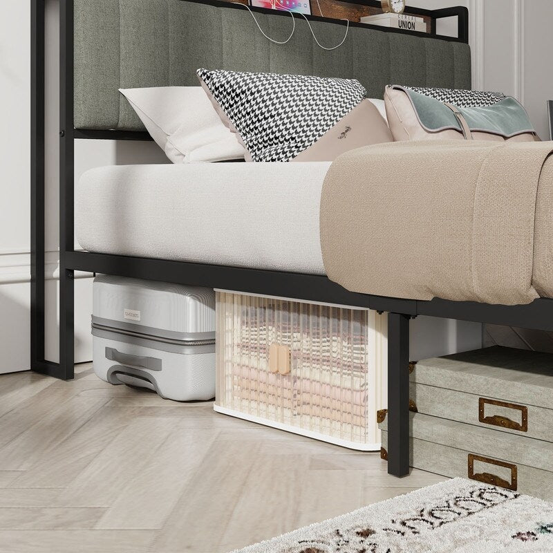 Full Size Heavy-Duty Platform Bed with Charging Station, Upholstered Headboard & Metal Slats