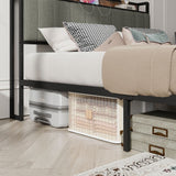 Full Size Heavy-Duty Platform Bed with Charging Station, Upholstered Headboard & Metal Slats