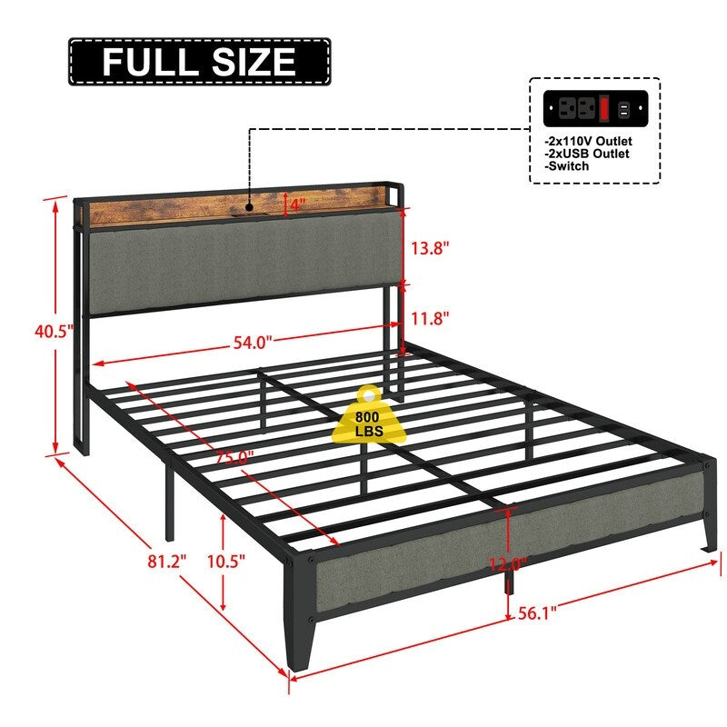 Full Size Heavy-Duty Platform Bed with Charging Station, Upholstered Headboard & Metal Slats