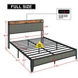 Full Size Heavy-Duty Platform Bed with Charging Station, Upholstered Headboard & Metal Slats