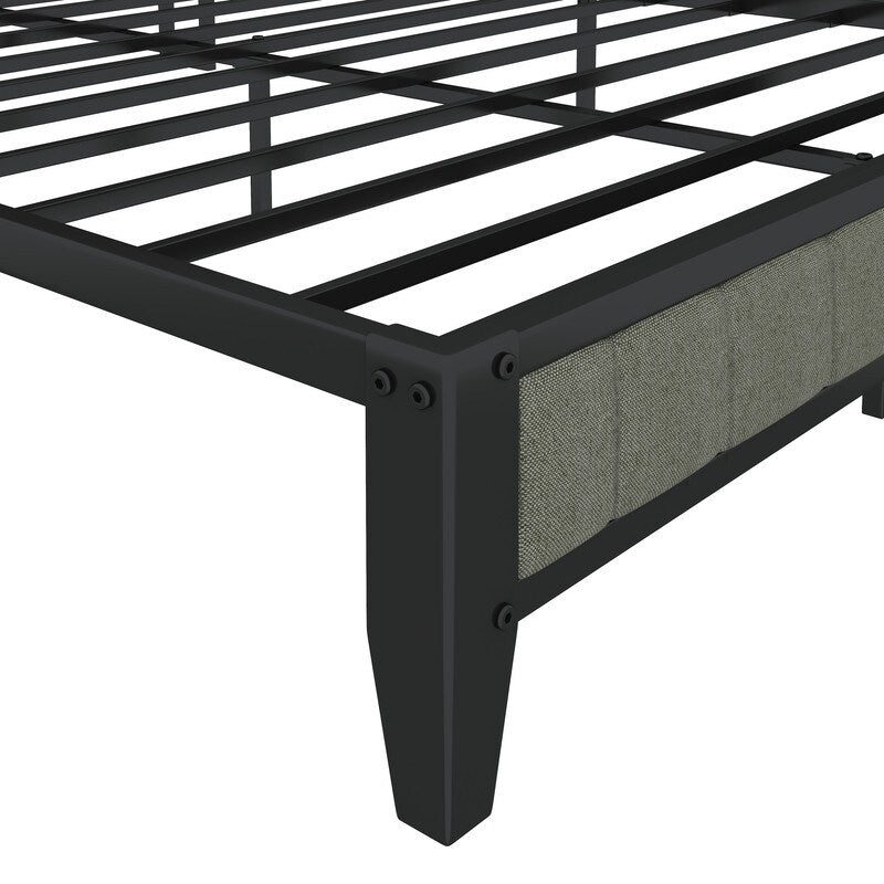 Full Size Heavy-Duty Platform Bed with Charging Station, Upholstered Headboard & Metal Slats