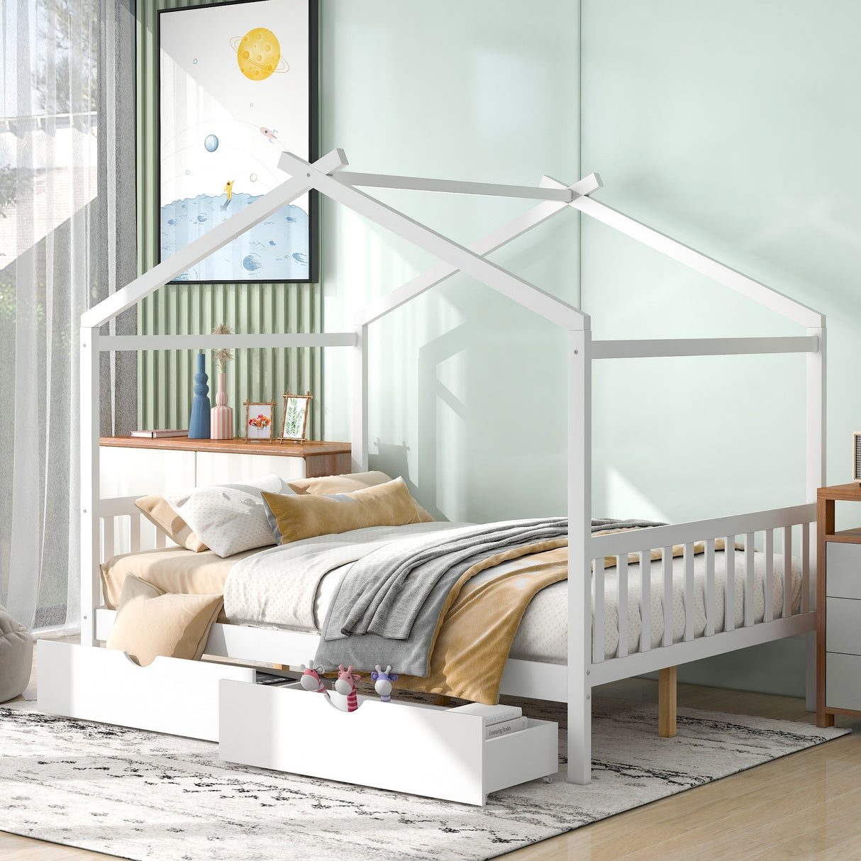 Full Size House Platform Bed with Two Drawers