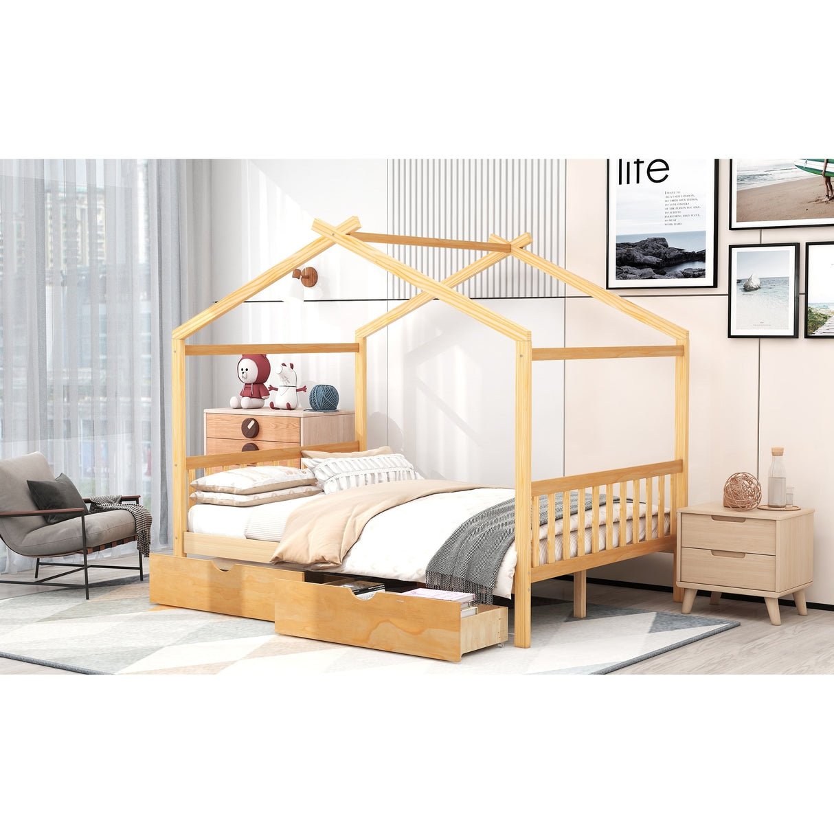 Full Size House Platform Bed with Two Drawers
