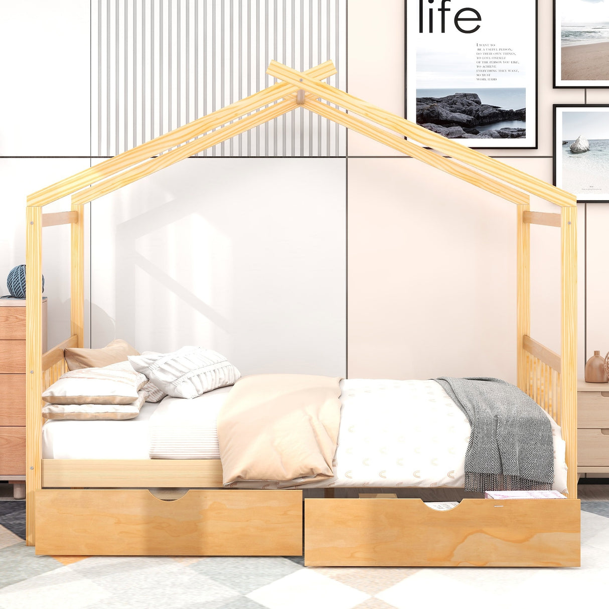 Full Size House Platform Bed with Two Drawers